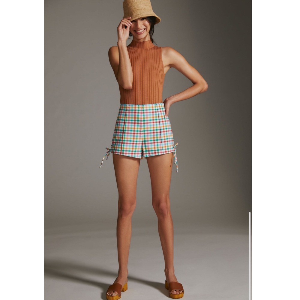 Anthropologie Maeve Rainbow Gingham High Rise Side Tie Shorts Plaid Size 28